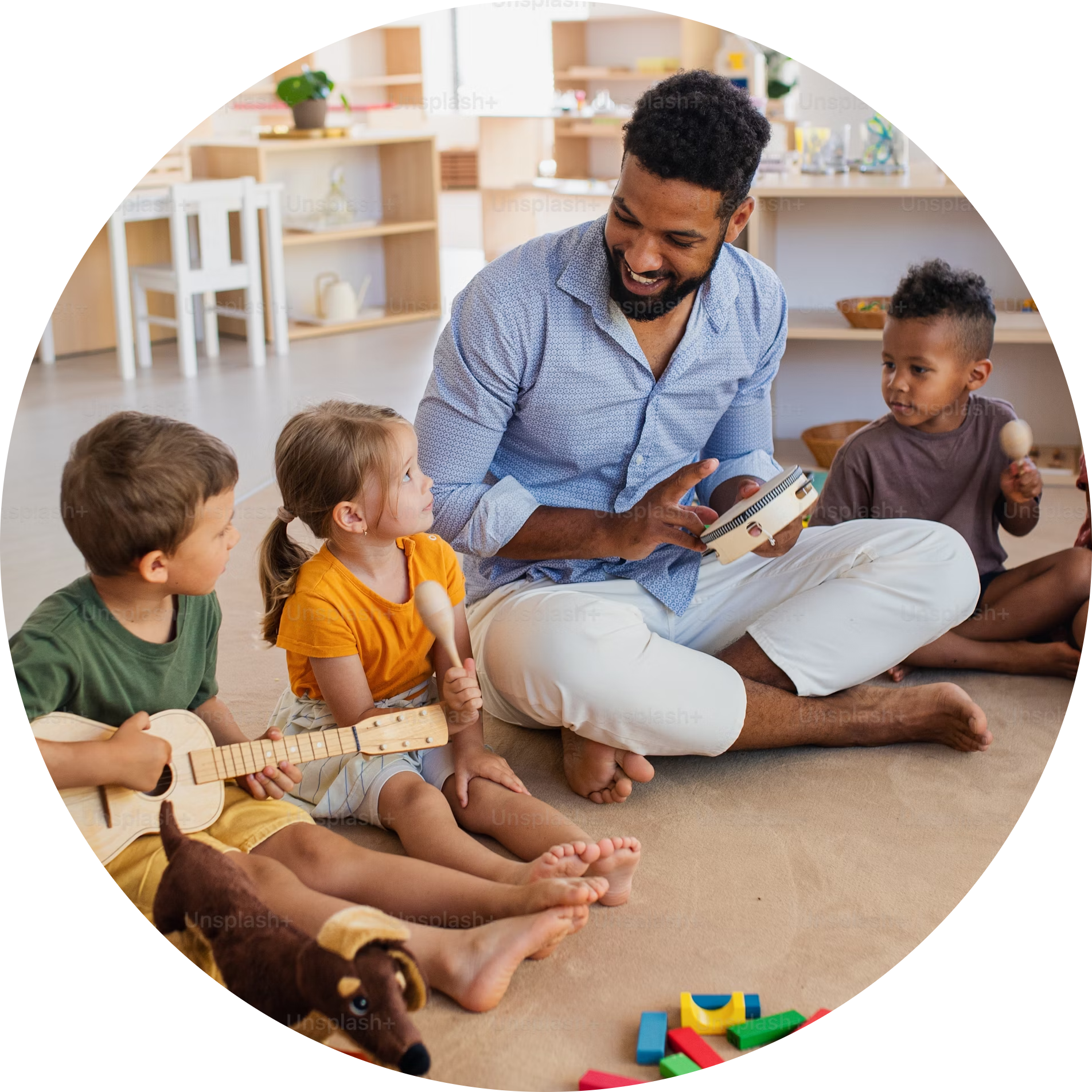 Adult teaching a group of children communication skills